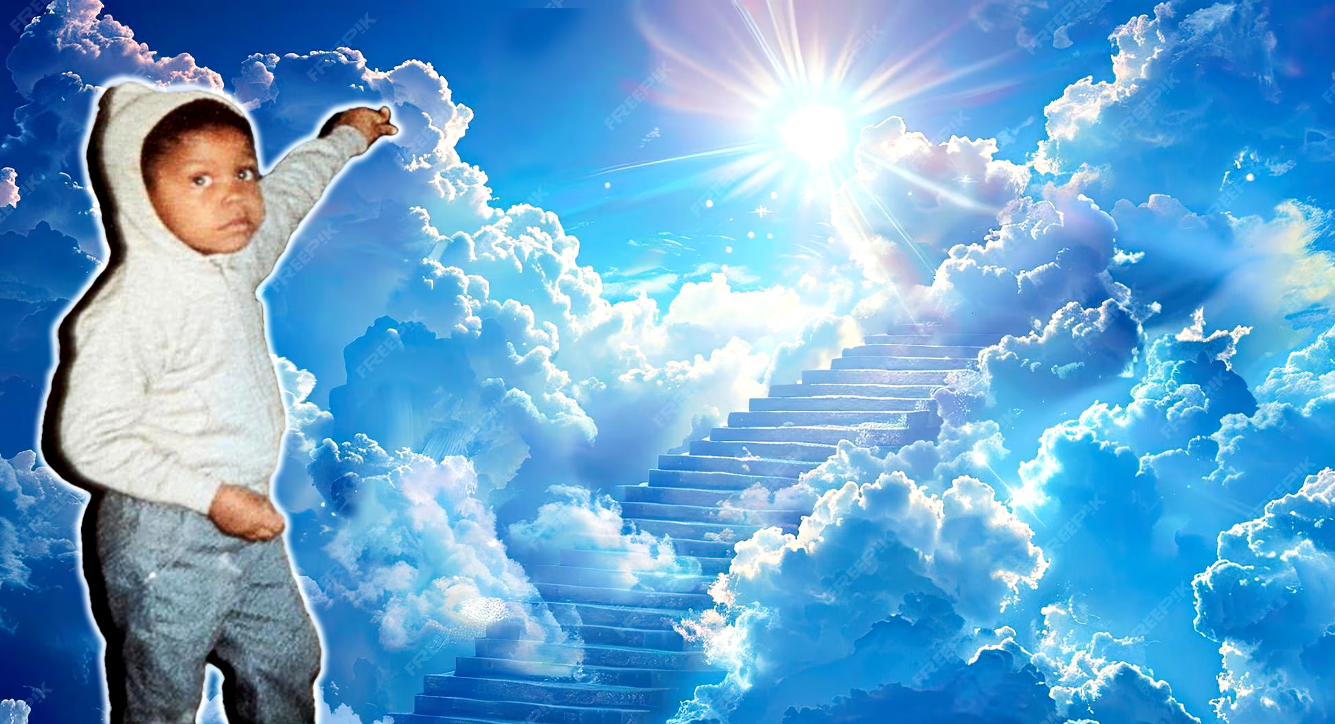 Kenny as a small child, arm reaching upward — a life full of wonder from the very start